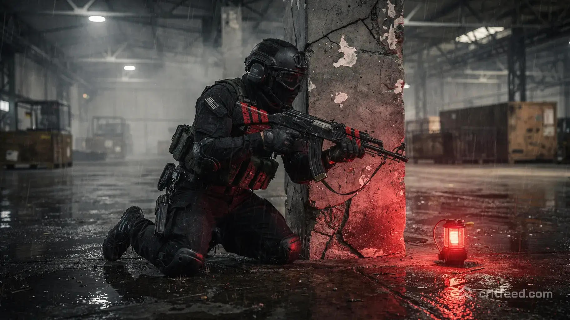 A tactical operator clad in dark gear slides into cover behind a cracked concrete wall inside a smoky, rain-slicked…