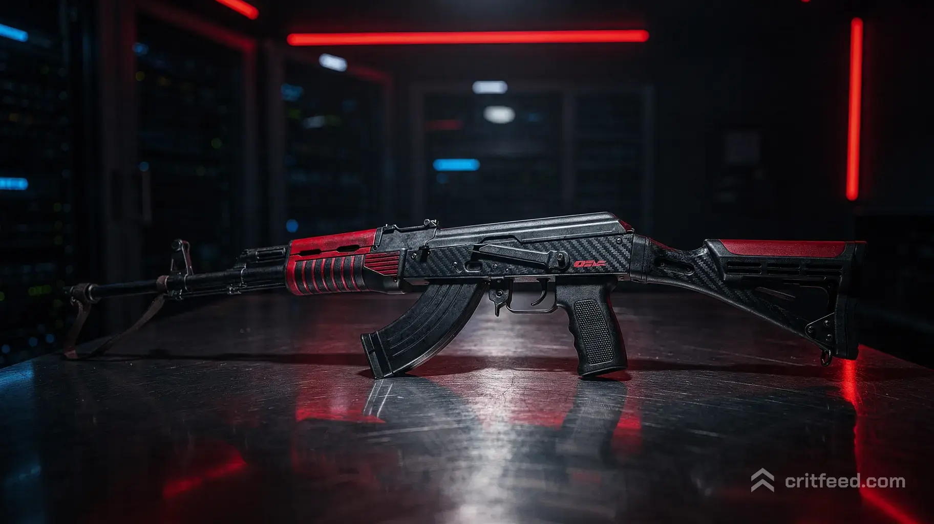 An industrial weapon workbench showcasing a legendary AK-47 rifle with a matte black finish and sharp crimson racing…