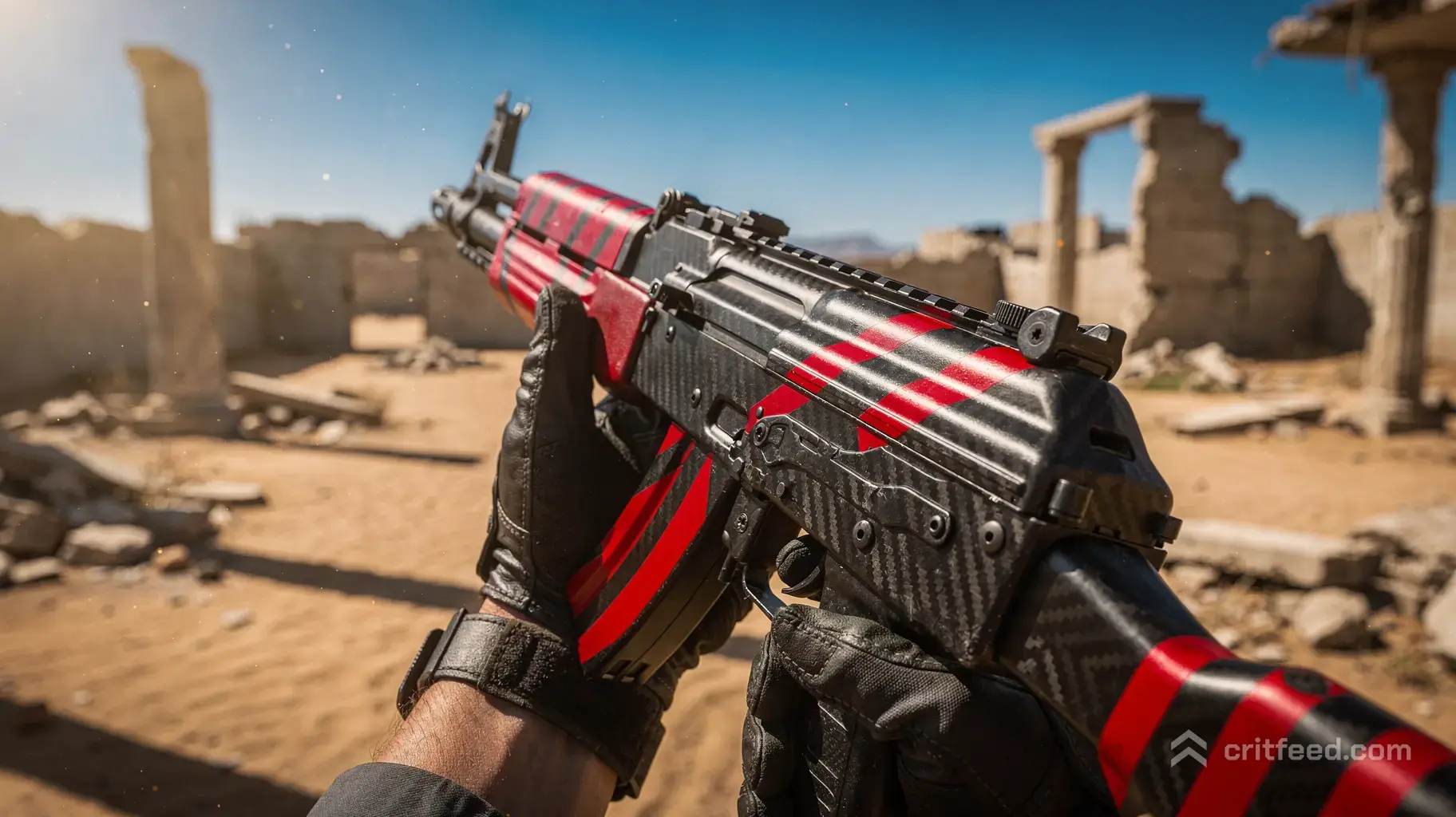 A cinematic first-person perspective of a tactical operator holding a sleek AK-47 assault rifle with a carbon fiber…