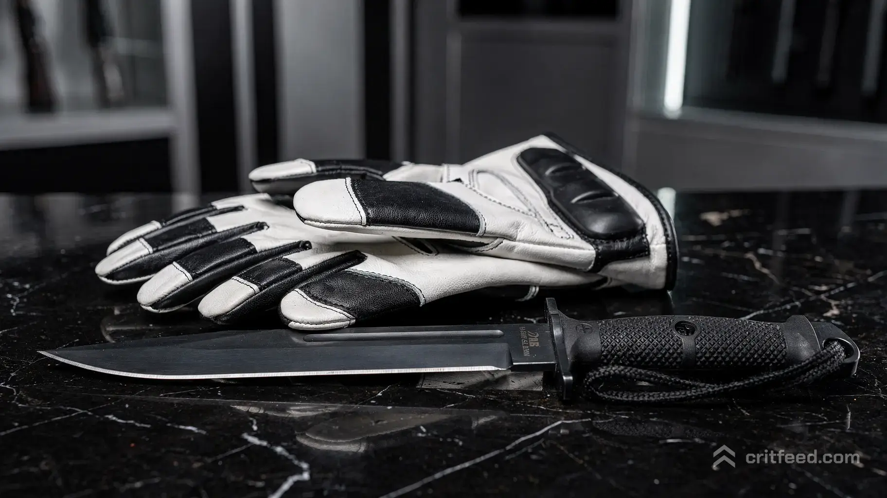 An elegant tactical still life on a polished black marble slab inside a high-end modern armory. A pair of luxury…