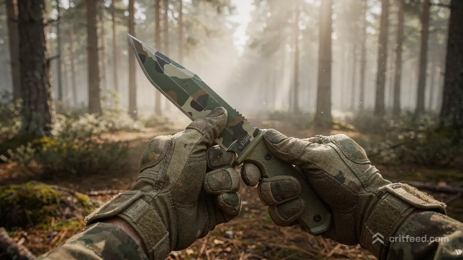 First-person perspective of tactical gloved hands holding a sleek combat knife with green-and-brown woodland…
