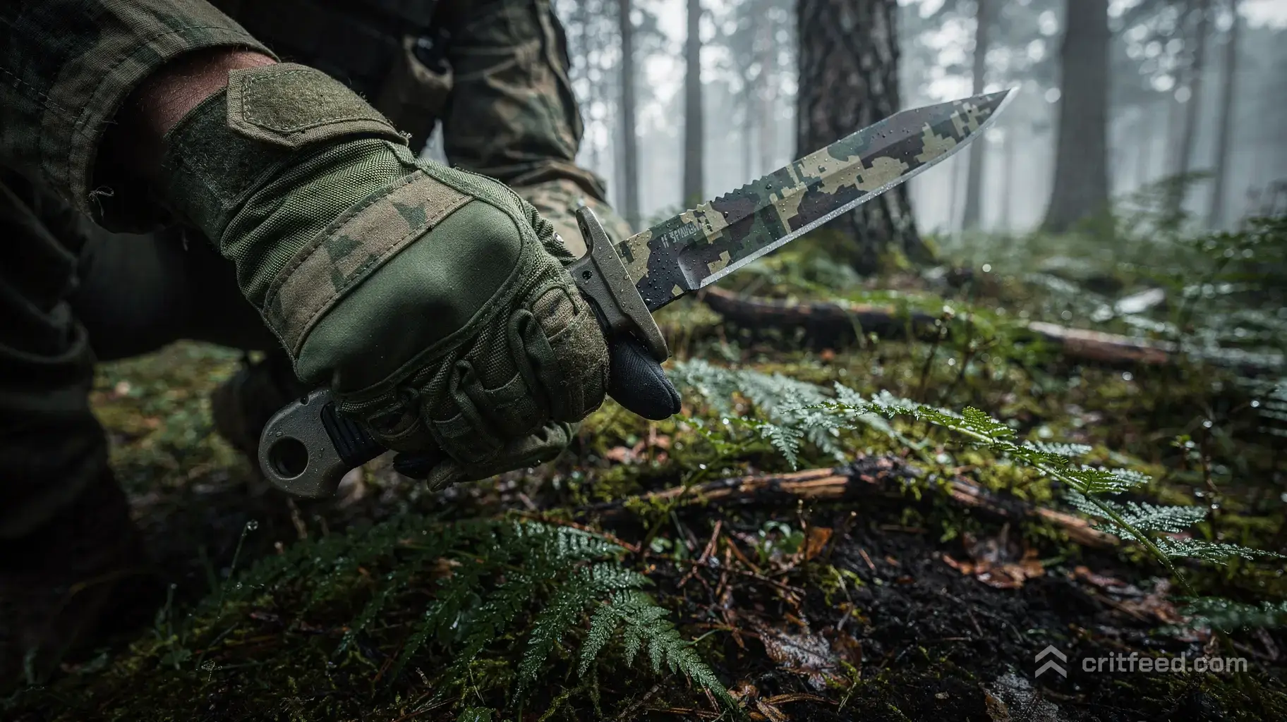 Low-angle, close-up shot of a soldier's hands wearing green-and-tan camo specialist gloves, gripping a military bayonet…