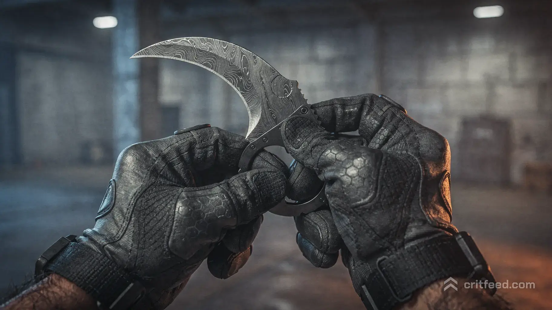 A close-up, over-the-shoulder view of a tactical operator's hands inspecting a curved Karambit knife with a shimmering…