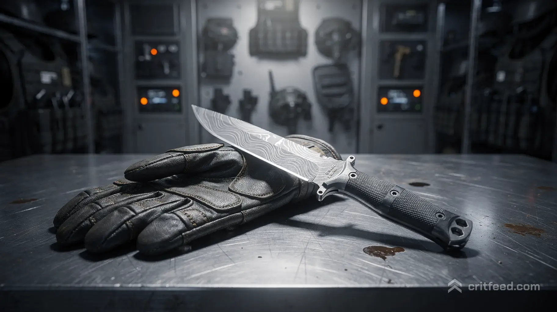 A high-angle cinematic shot of a sleek Damascus steel combat knife and a pair of dark leather tactical gloves resting…