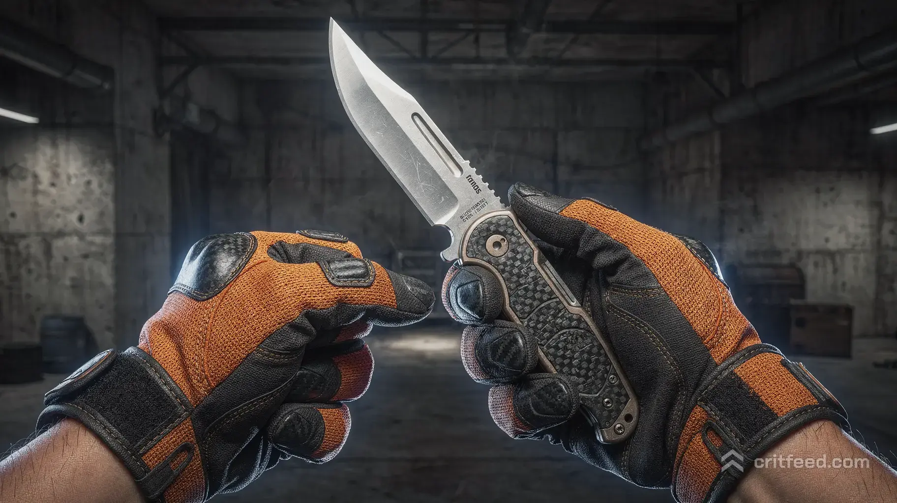 First-person perspective of a tactical shooter player holding a spinning, polished vanilla steel butterfly knife. The…