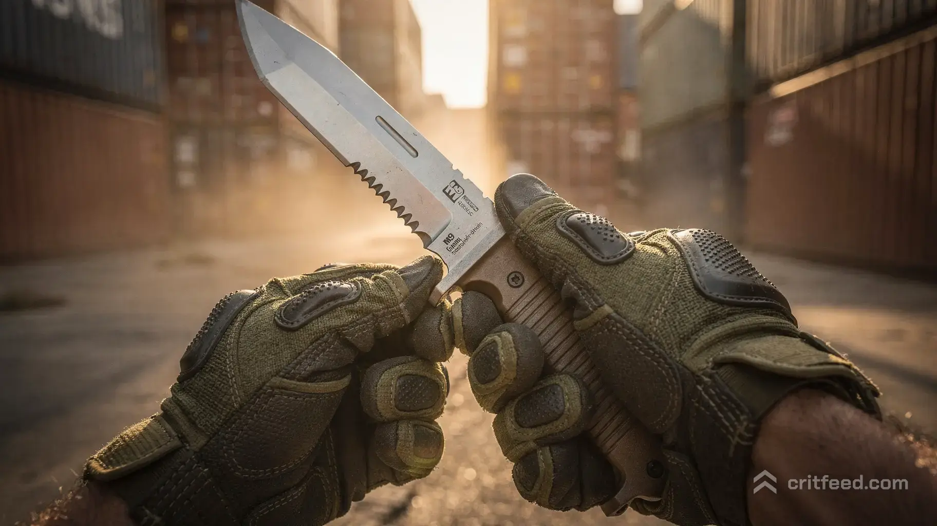 A low-angle dramatic shot of hands holding a heavy vanilla M9 Bayonet knife, inspecting the serrated steel blade. The…