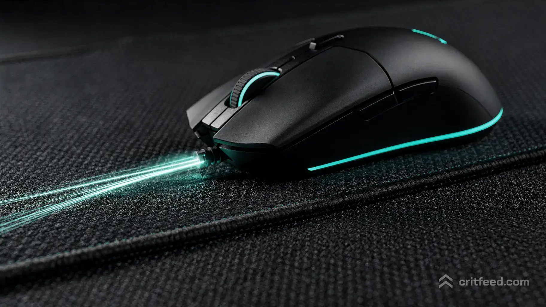 Extreme macro close-up of a premium black gaming mouse gliding across a highly detailed, micro-textured hybrid fabric…