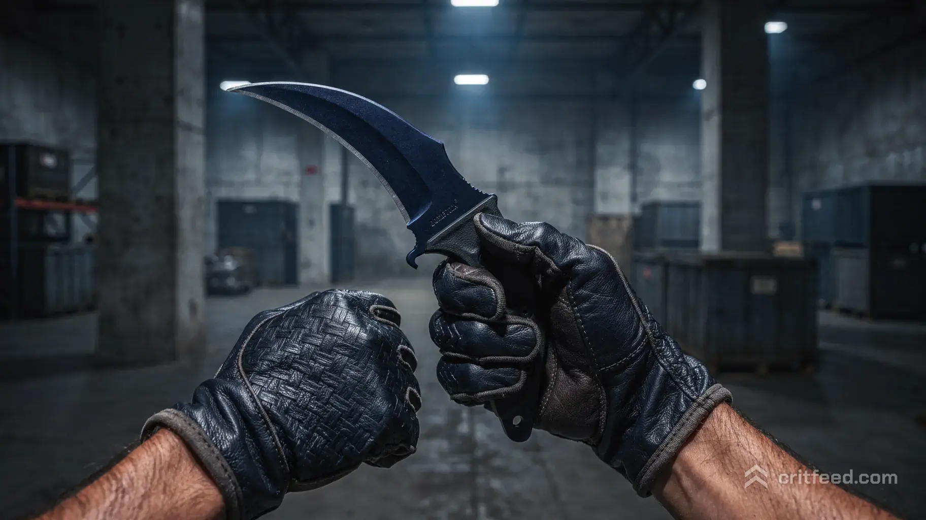 First-person cinematic perspective of a tactical operative's hands. The hands wear premium navy-blue woven leather…
