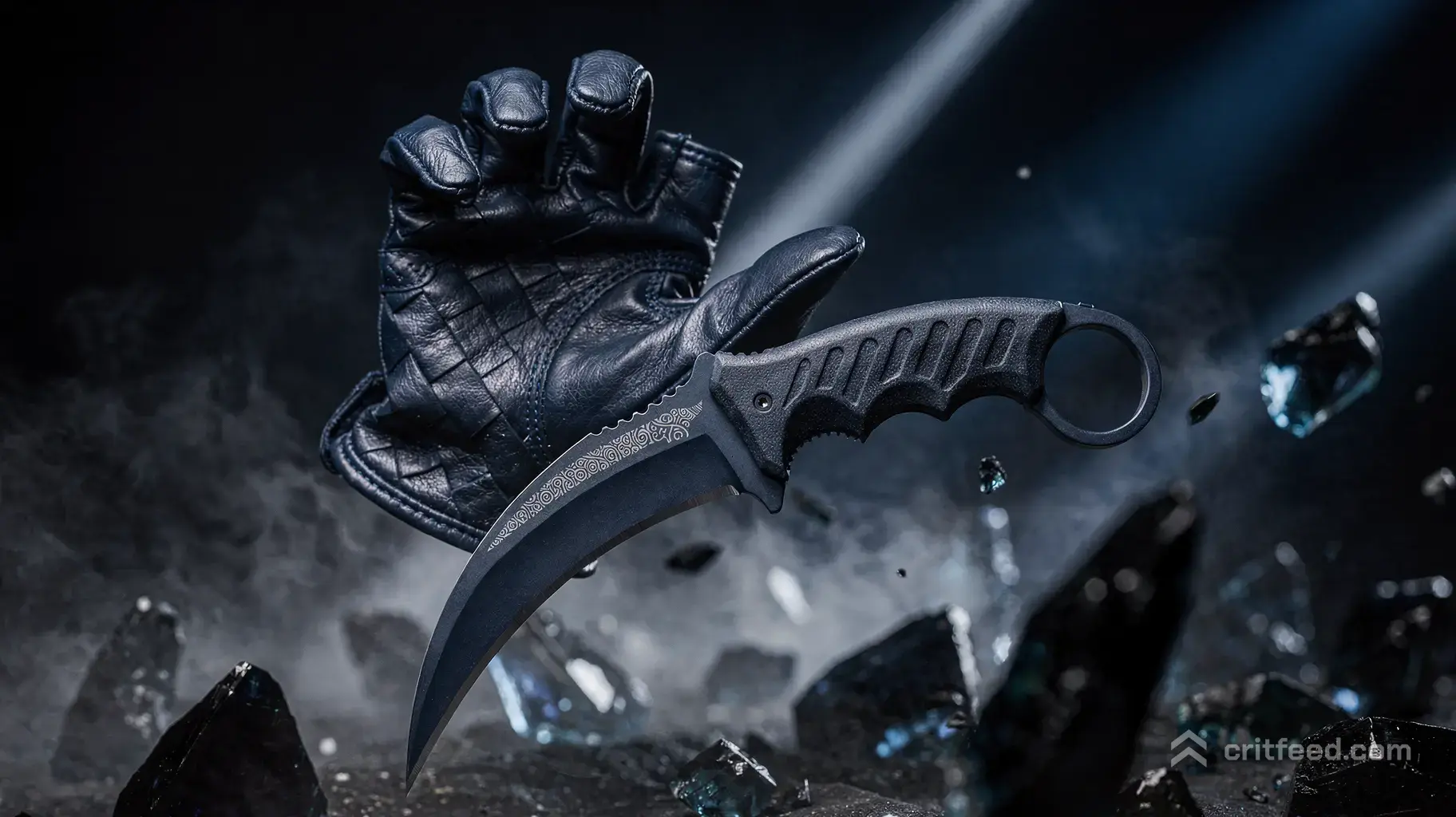 A dynamic, abstract product showcase for a tactical loadout. A matte-finish midnight-blue Karambit knife and a…