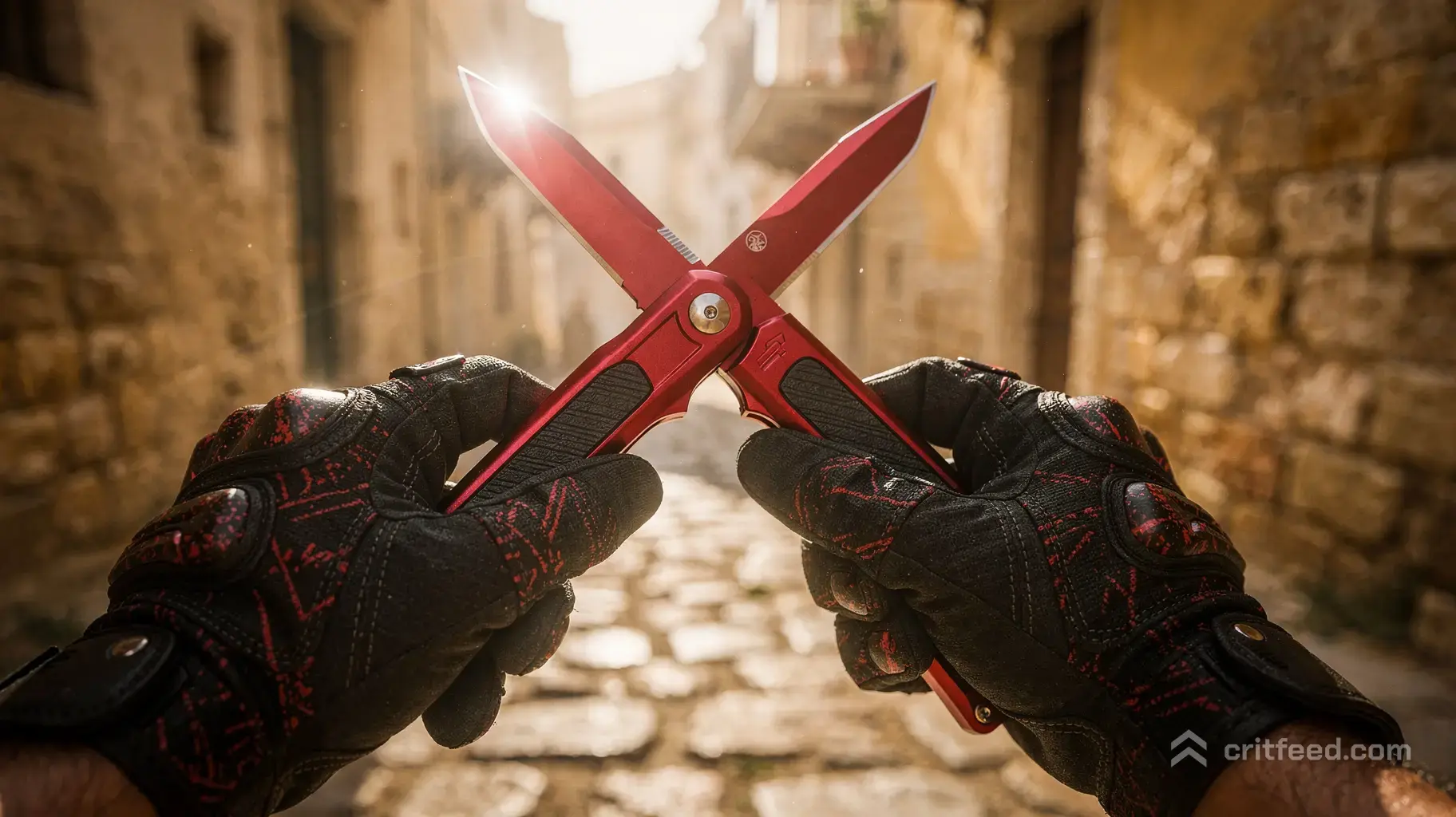First-person perspective of a tactical operator's hands wearing premium black and red crimson-patterned sports gloves…