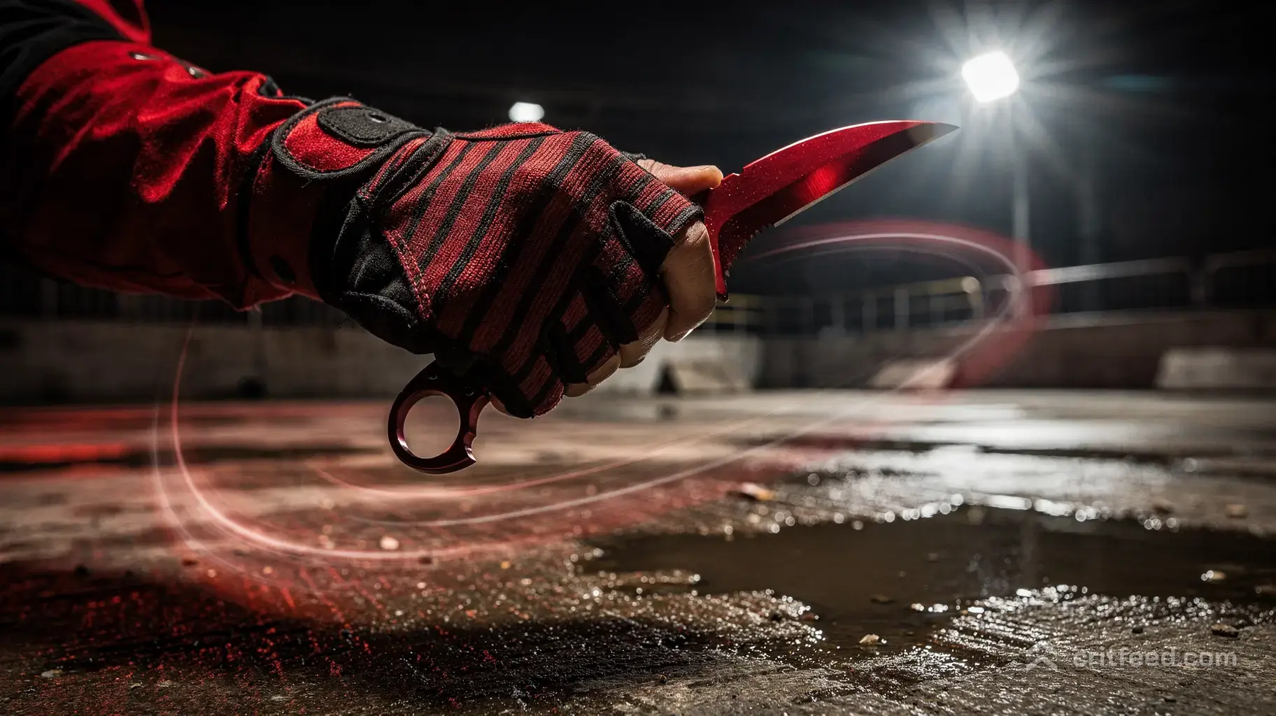 An action freeze-frame of a hand wearing red-striped racing-style gloves spinning a sleek, red-metallic curved karambit…