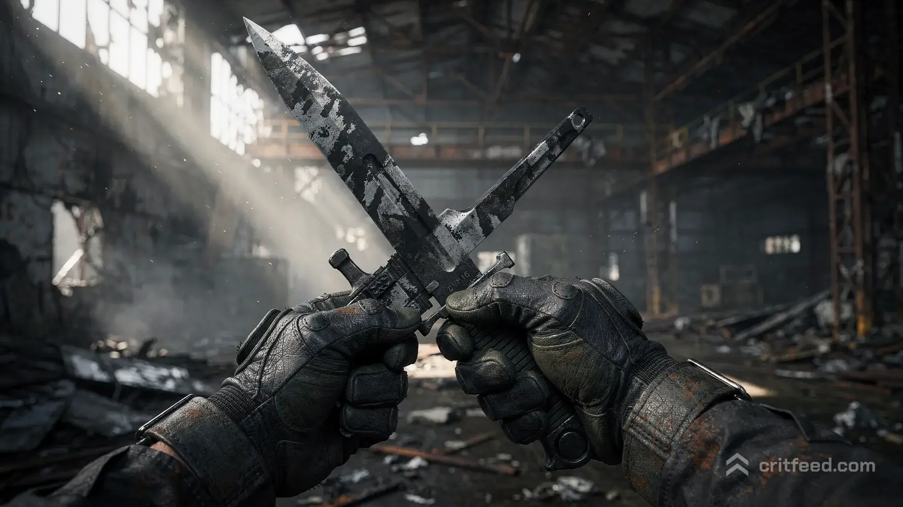 A cinematic first-person perspective of a tactical soldier's hands wearing dark, charcoal-grey charred leather gloves…