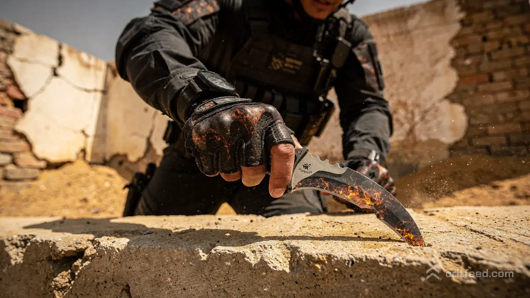 A dynamic low-angle shot of a tactical operative mid-action, vaulted over a concrete barrier. Prominent focus on their…