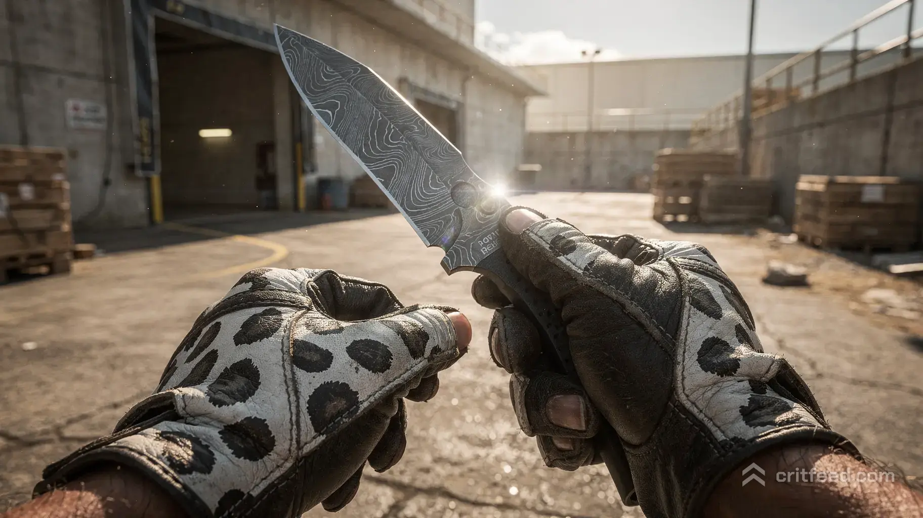 A first-person tactical perspective in a sun-drenched concrete industrial zone. Detailed hands wear premium leather…