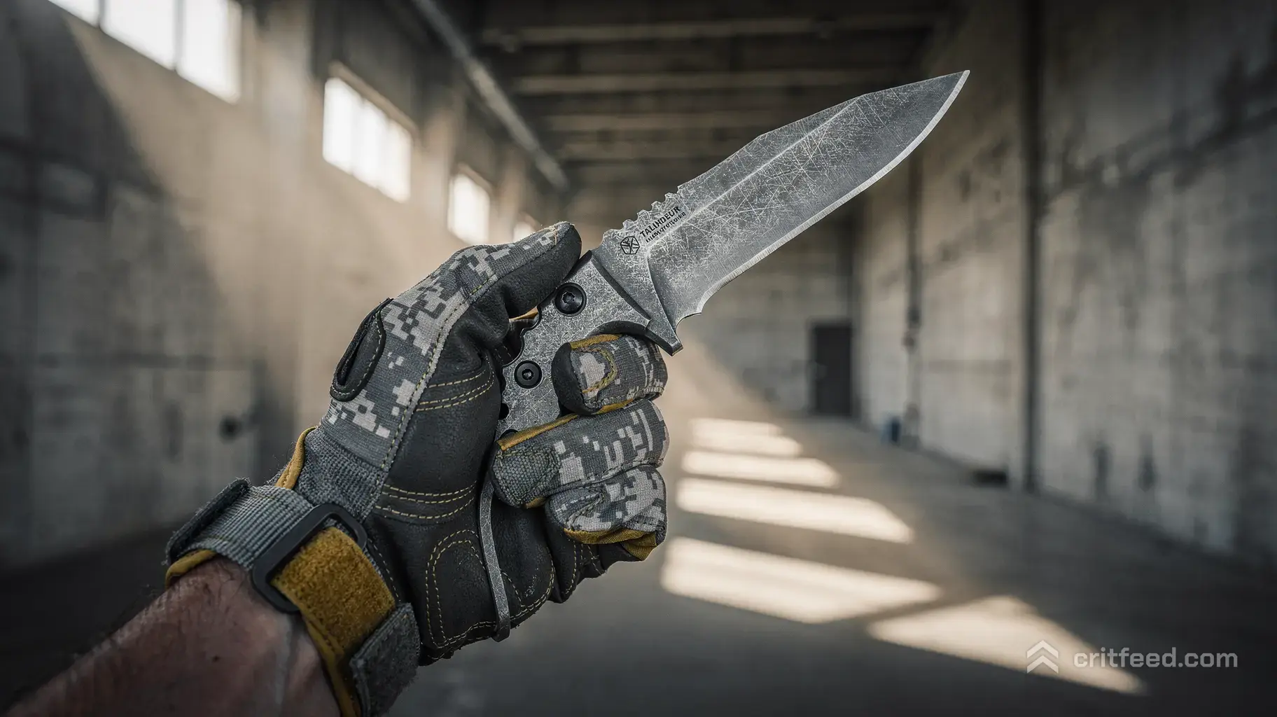 A first-person cinematic view of a tactical operator's hand inspect-holding a curved Talon knife with an acid-washed…