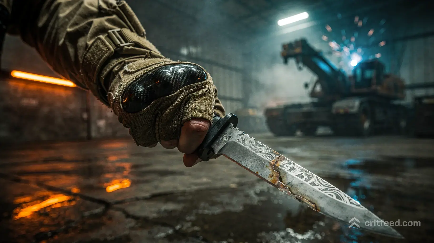 An action-packed, close-up cinematic shot of a soldier's arm in motion, thrusting a gleaming, acid-etched stained…