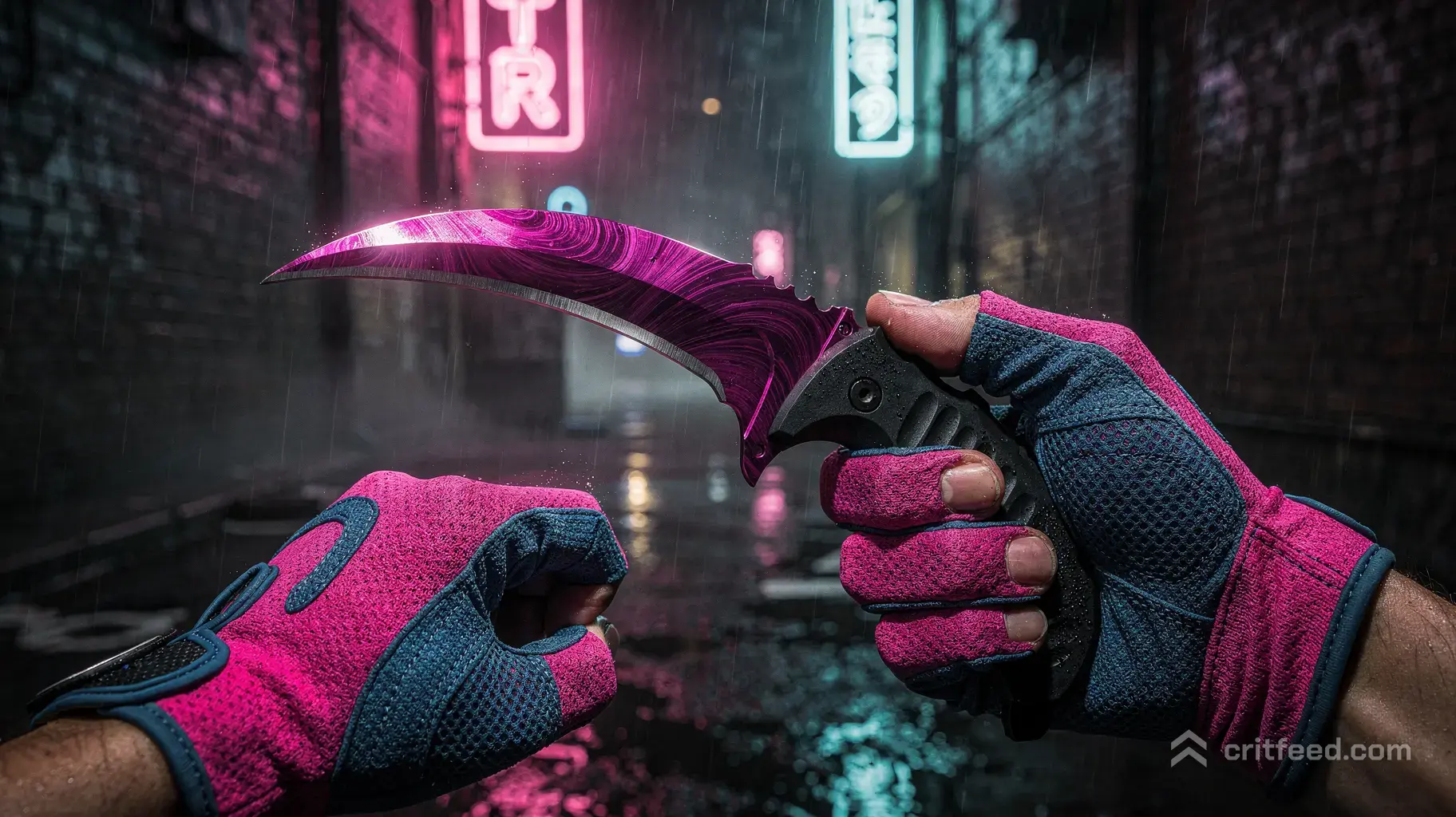 A first-person perspective holding a curved Karambit knife with a swirling metallic magenta and purple blade. The hands…