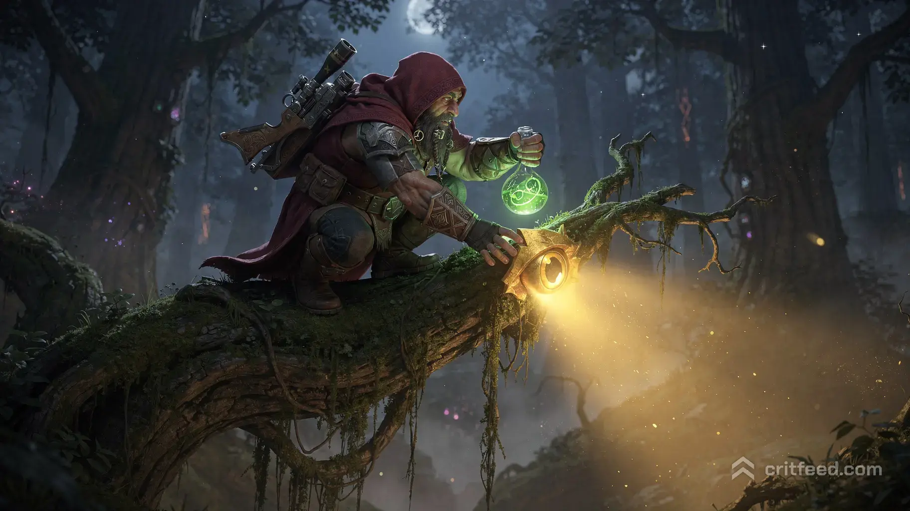 Cinematic wide shot of a dwarf sniper character in a red hooded cloak, perched high on a massive moss-covered tree…