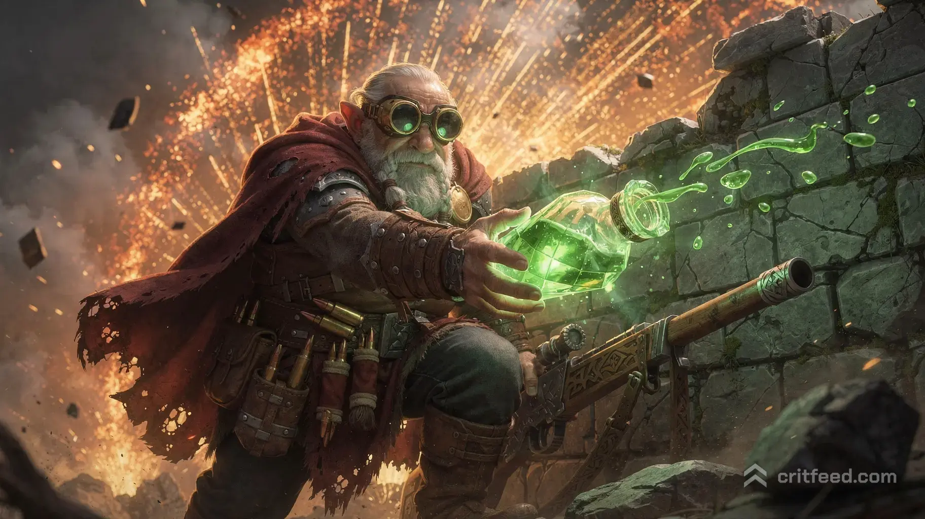 A low-angle dynamic shot of an elderly dwarf sniper in goggles and a red cloak, taking cover behind a ruined stone…