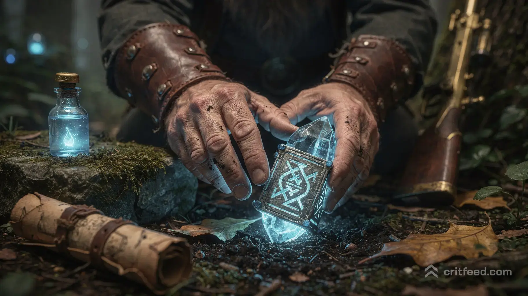 Close-up detailed shot of a dwarf sniper's weathered hands planting a glowing blue magical sentry ward into the damp…