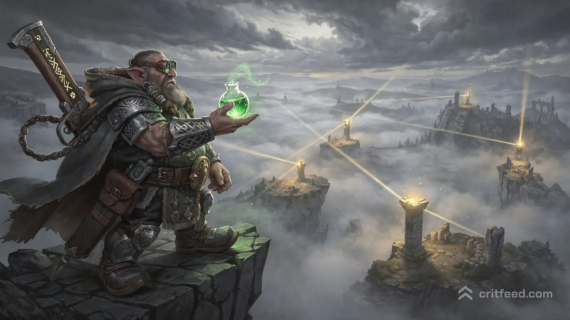 An epic cinematic landscape. A dwarf sniper with a long rifle stands protectively on a high stone cliff overlooking a…