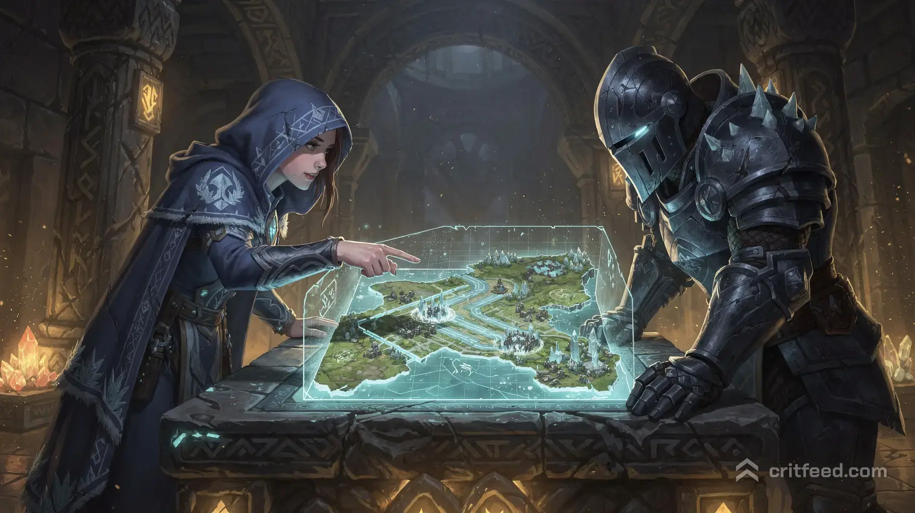 Cinematic key art. Inside a stone shrine, a female ice mage in a blue hooded cloak and a towering knight in heavy blue…