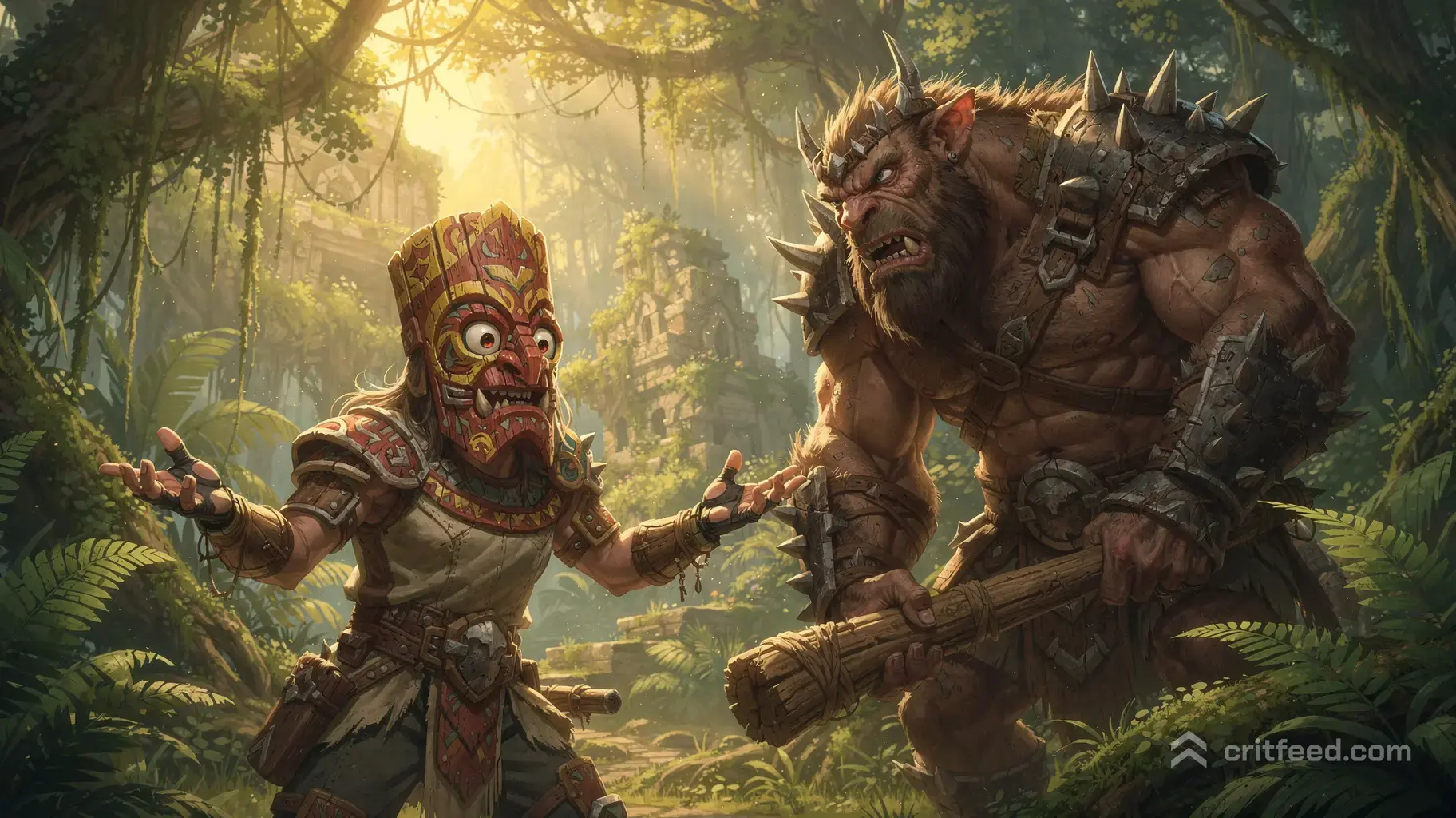 High-end game key art. A humorous communication breakdown in a vibrant, sun-dappled fantasy jungle. A warrior in a…
