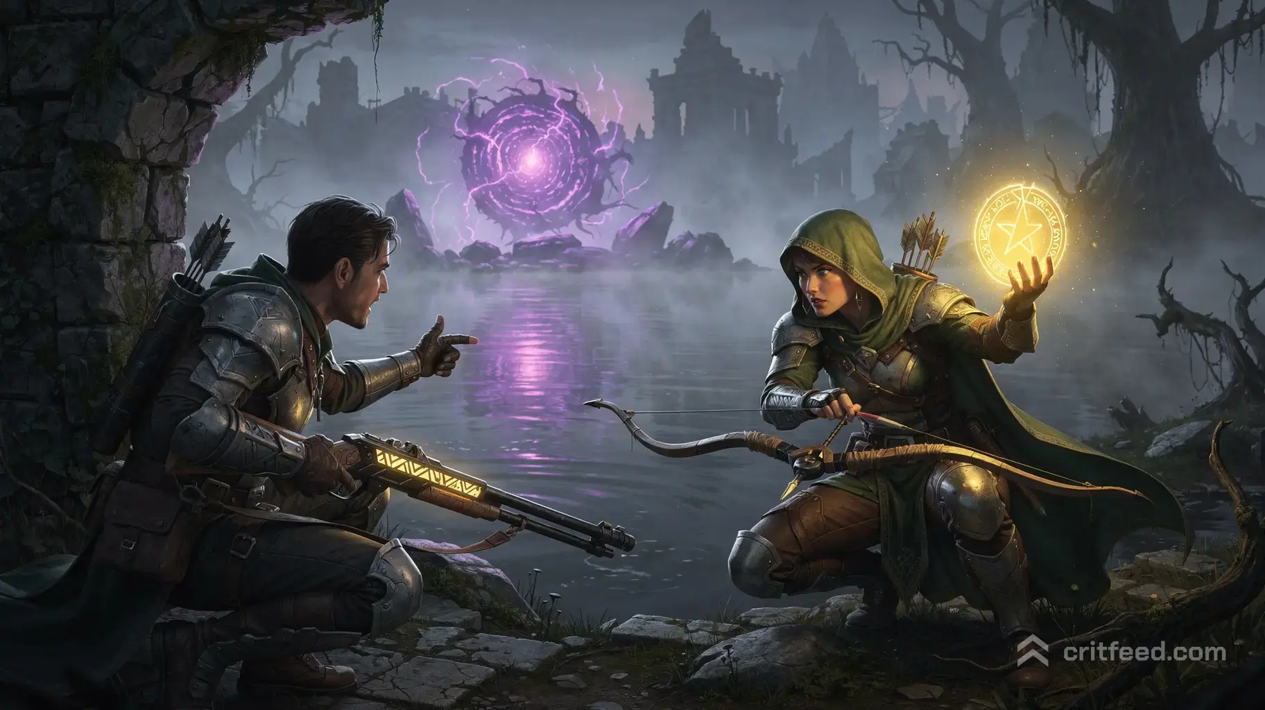 Suspenseful tactical key art. Two fantasy heroes crouch behind a mossy stone ruin near a dark, foggy river at twilight…