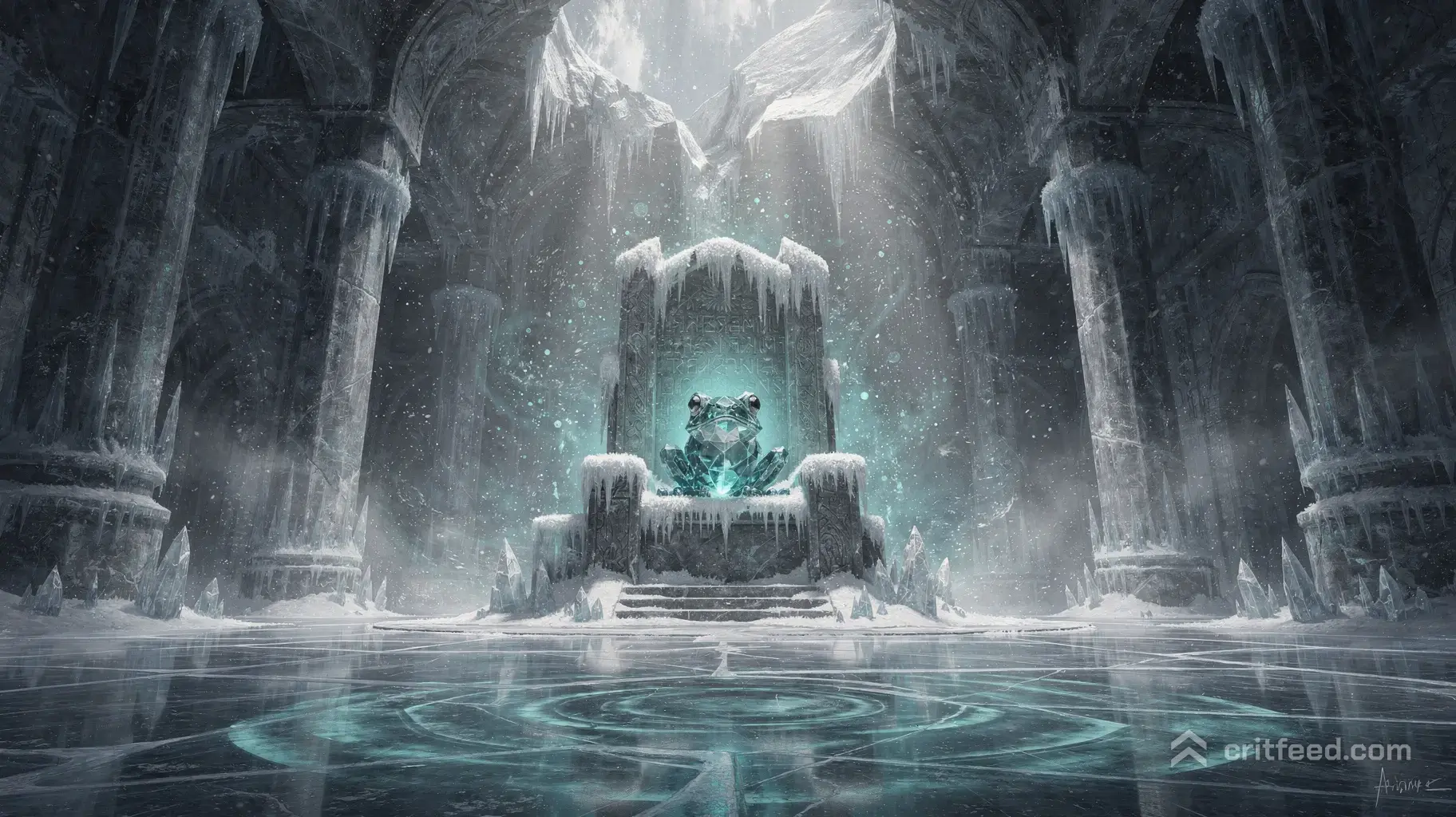 An epic low-angle wide shot of a frozen fantasy throne room deep inside an ice cavern. Atop a massive stone throne, a…