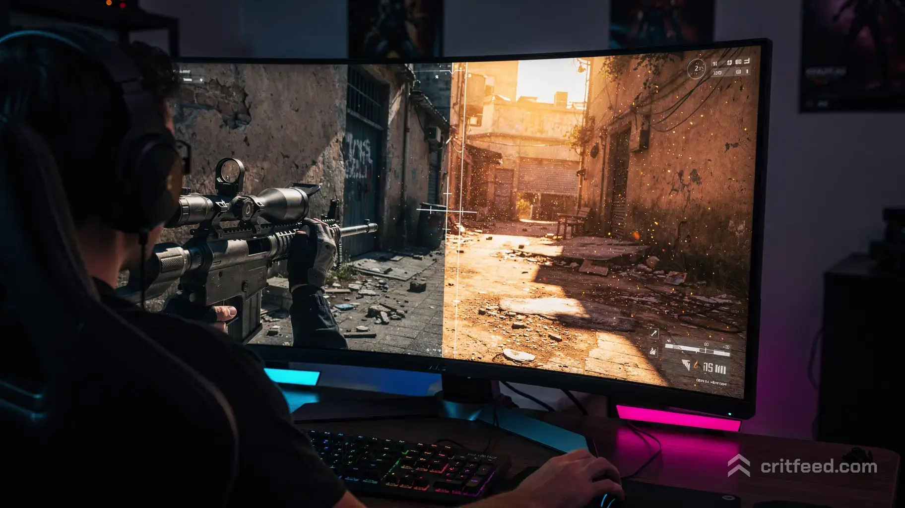 Over-the-shoulder view of a competitive gamer in a darkened room, focused intensely on a massive, premium curved gaming…