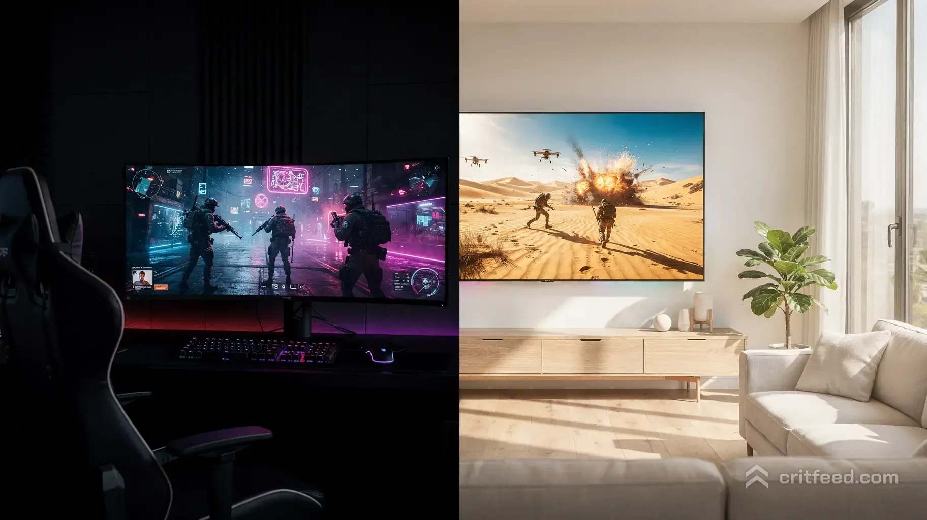 A wide, cinematic lifestyle shot of a premium gaming room split down the middle by light. On the left, a dark, moody…