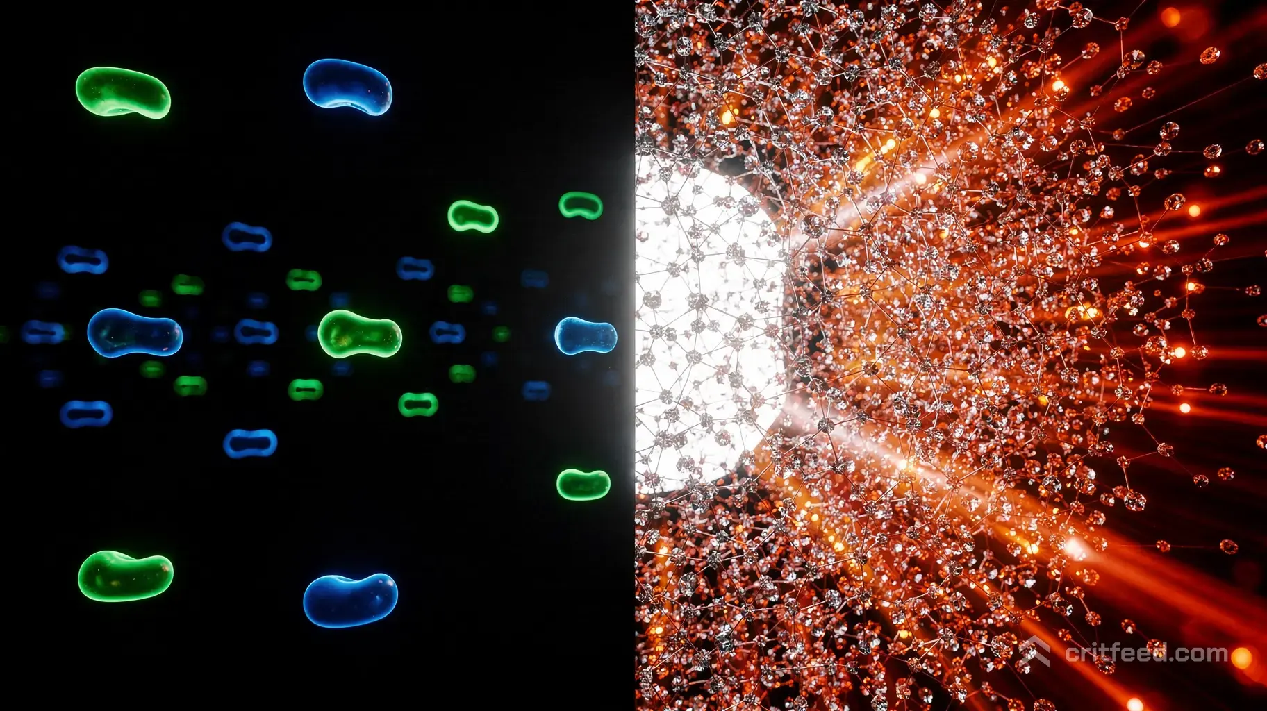 An abstract, conceptual 3D render representing screen technology. On a split canvas, the left side features individual…