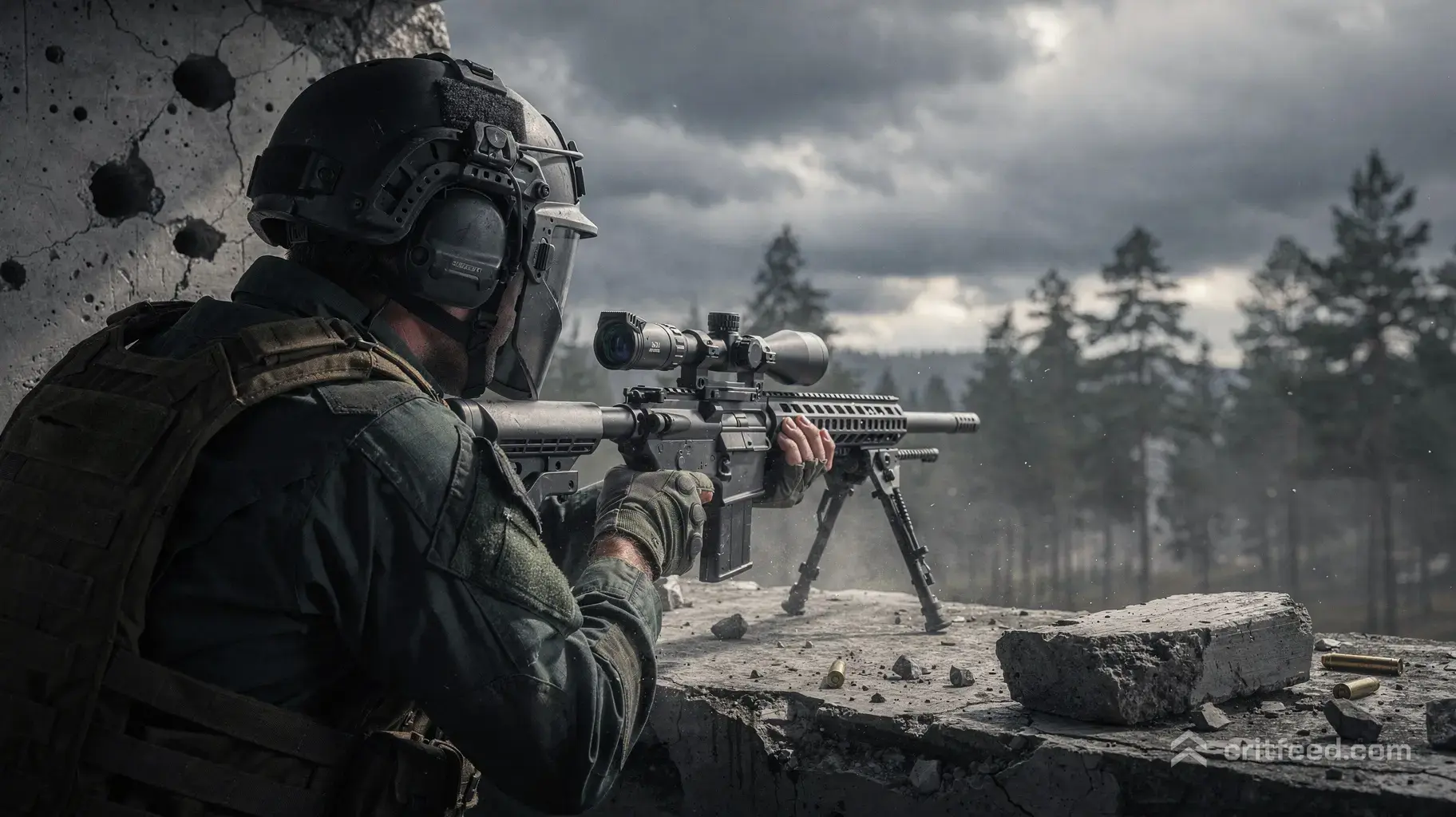 Over-the-shoulder shot of a tactical marksman wearing a level 3 welded-visor helmet, crouching behind a ruined concrete…