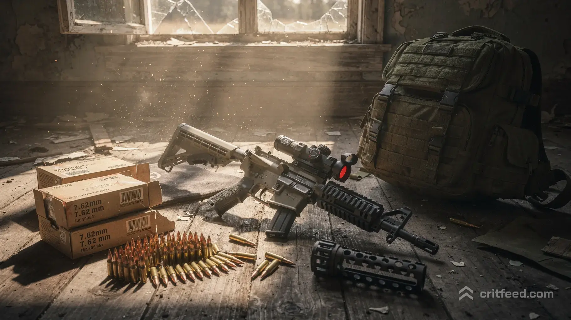 A high-angle, cinematic still-life of essential survival loot scattered on dusty wooden floorboards inside an abandoned…