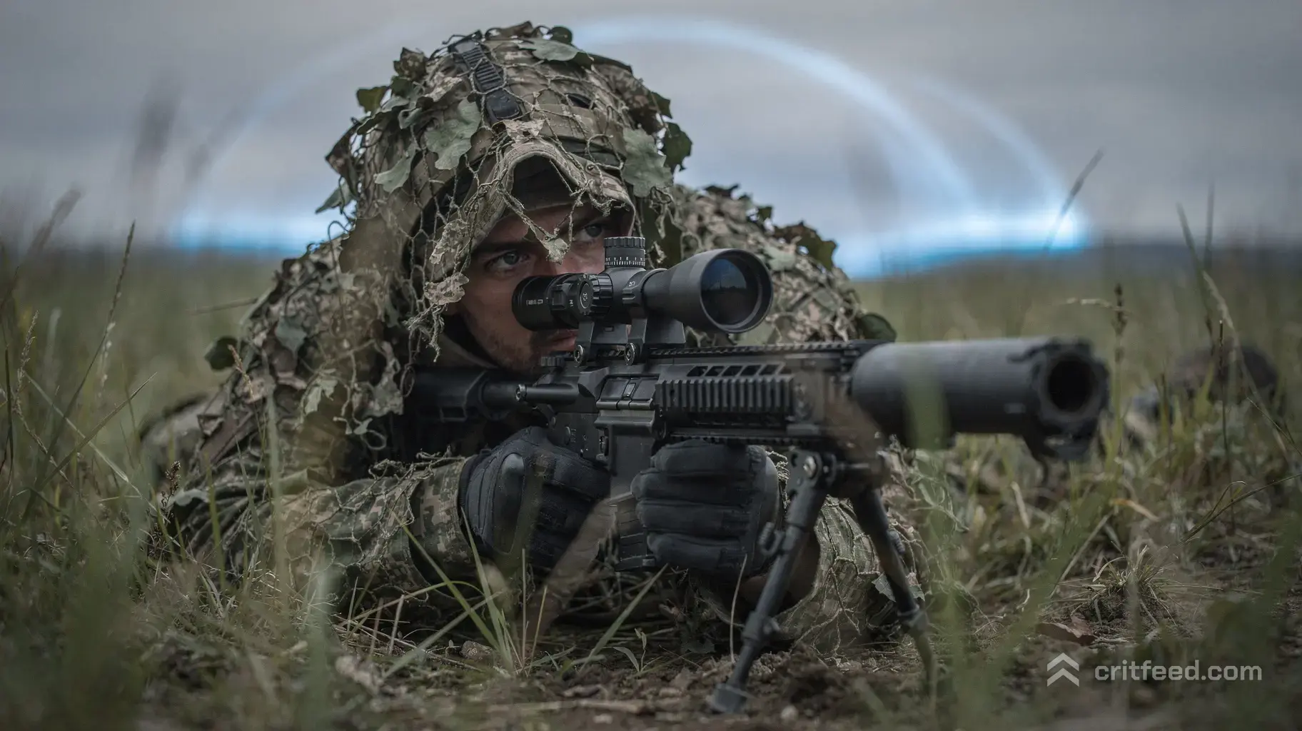An intense, ground-level close-up of a soldier lying prone and camouflaged in tall, dense grass. The camera is nestled…