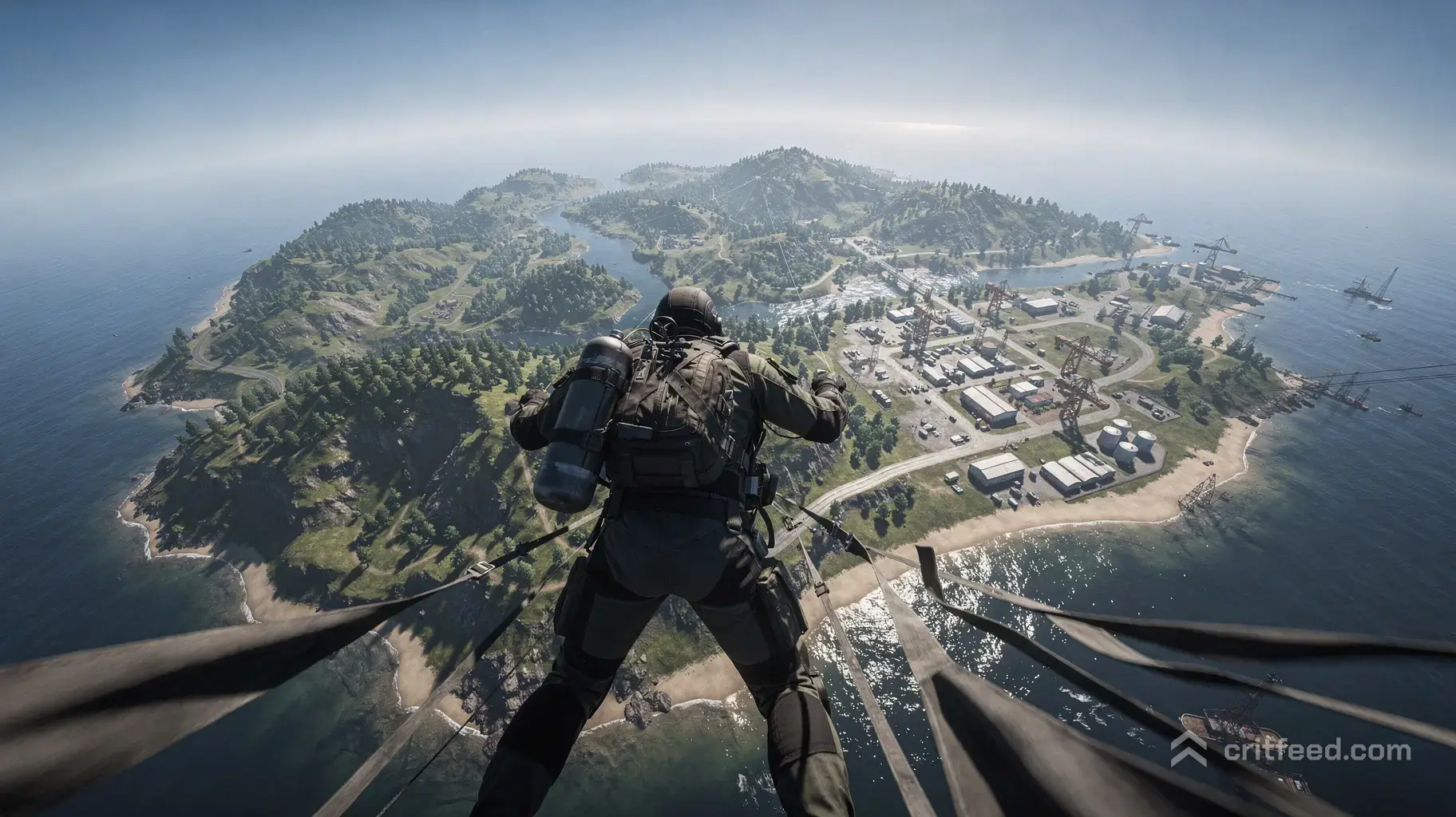 A cinematic, high-angle wide shot of a lone tactical skydiver free-falling through a bright blue sky towards a massive…