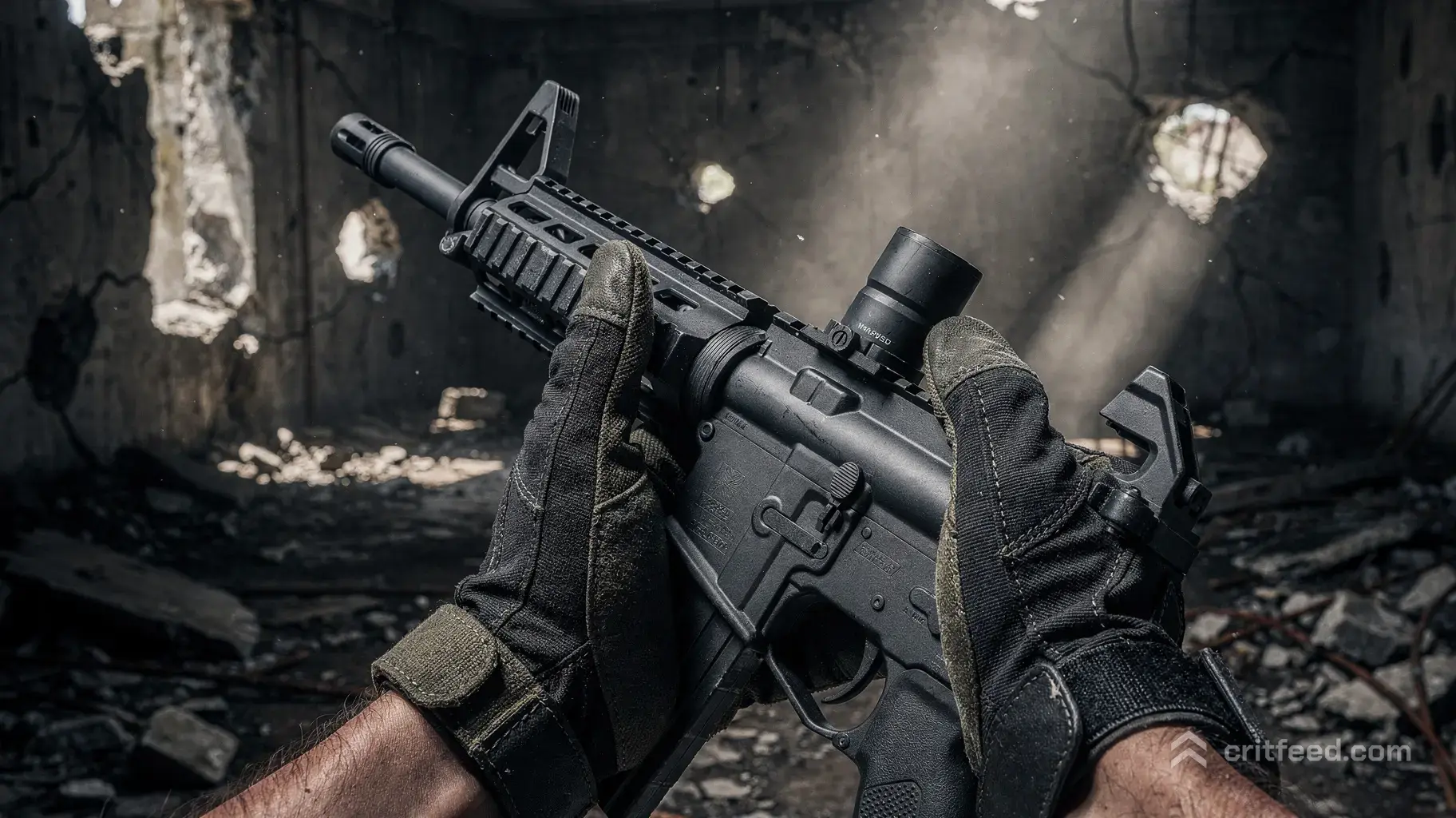 A gritty, first-person cinematic view of tactical gloved hands carefully attaching a silencer to a realistic assault…