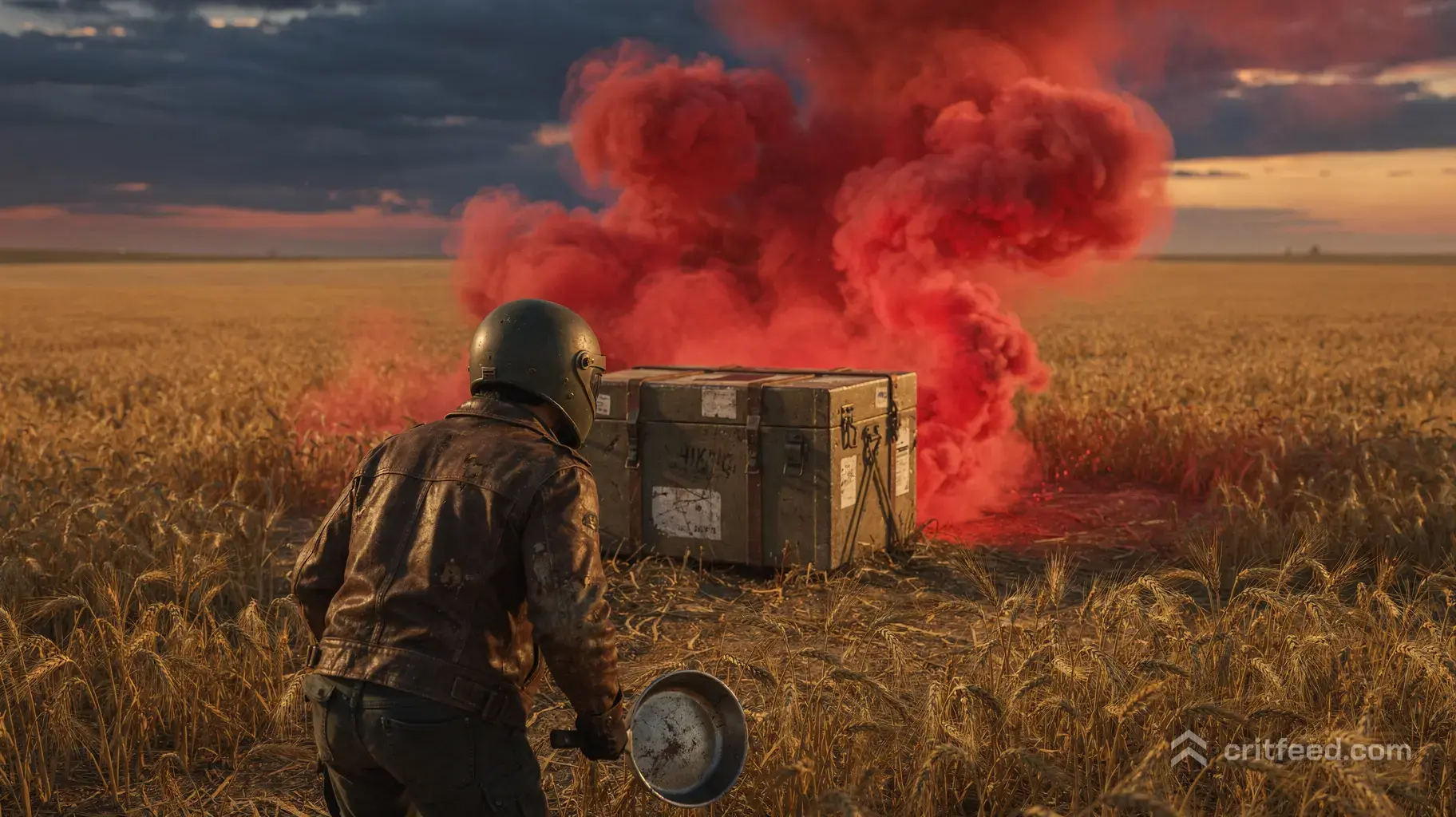 A wide, cinematic shot of a golden wheat field under a dramatic twilight sky. In the center, a steel air-drop supply…