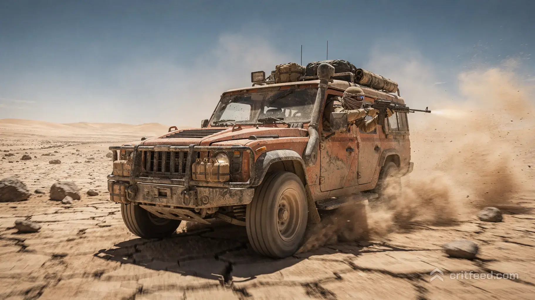 A dynamic, wide-angle tracking shot of a dusty, armored off-road vehicle speeding across a vast desert wasteland…
