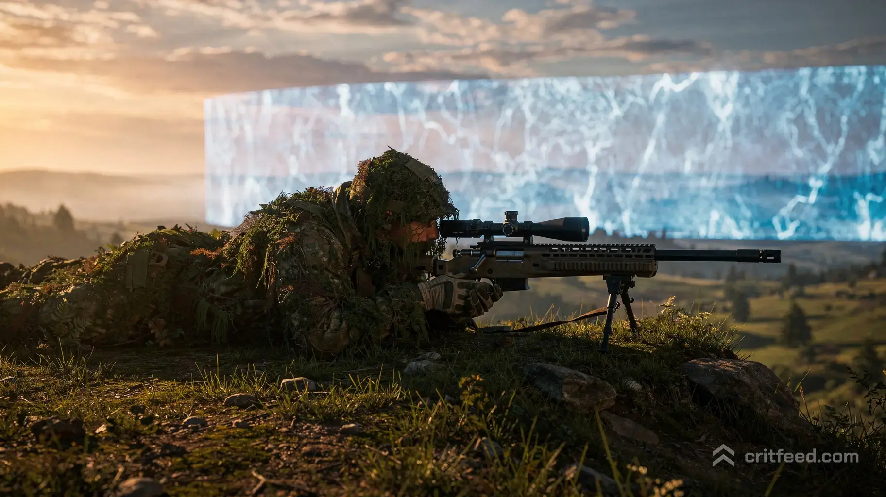 A low-profile, cinematic side-view of a sniper clad in a textured ghillie suit, lying prone on a grassy ridge. The…