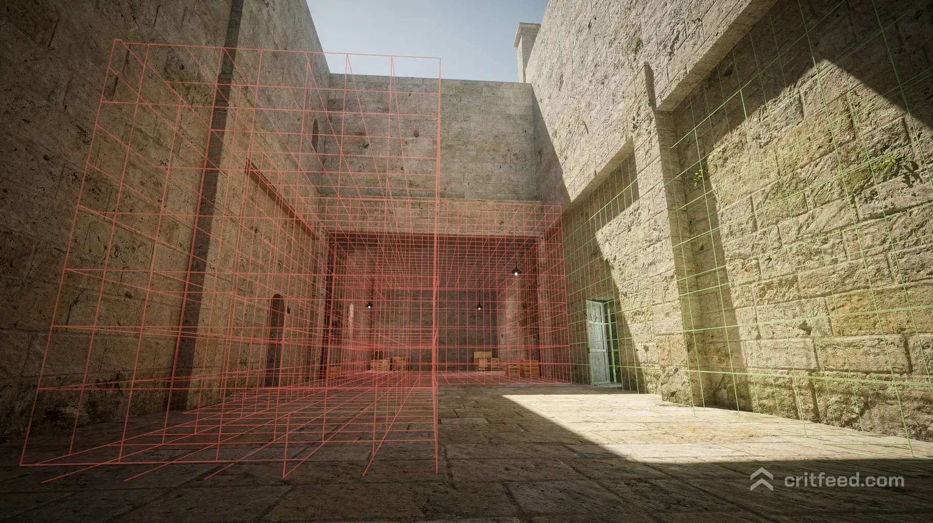 A dramatic low-angle shot of an empty, sun-drenched Mediterranean stone courtyard. Slicing through the heavy concrete…