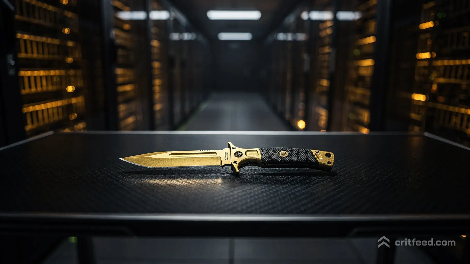 A wide-angle, cinematic view of a dark, high-tech server vault. In the center of the frame, a single pristine…