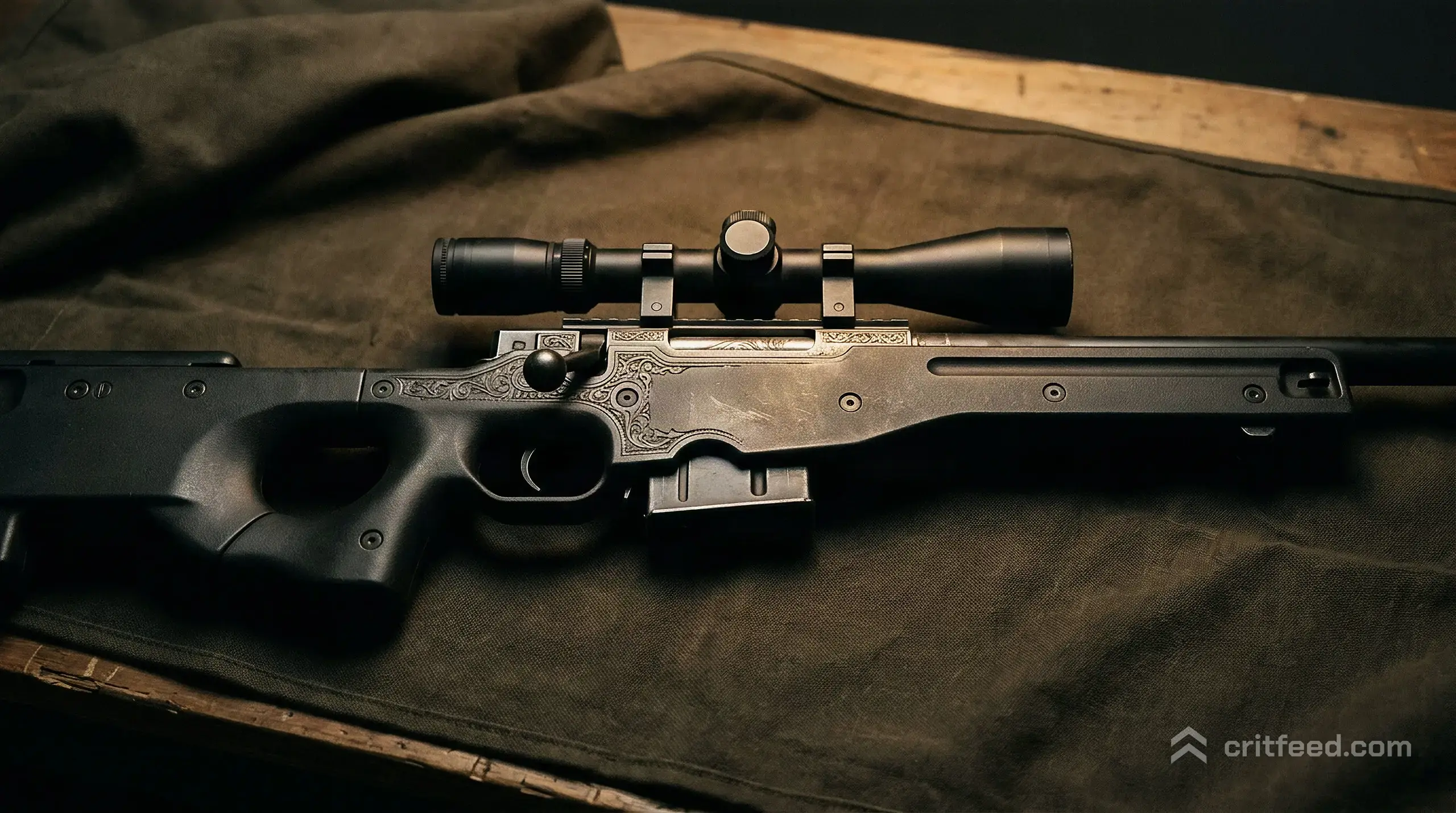 a close, side-on view of an AWP resting on a dark fabric cloth, the carved metalwork along the stock catching warm overhead