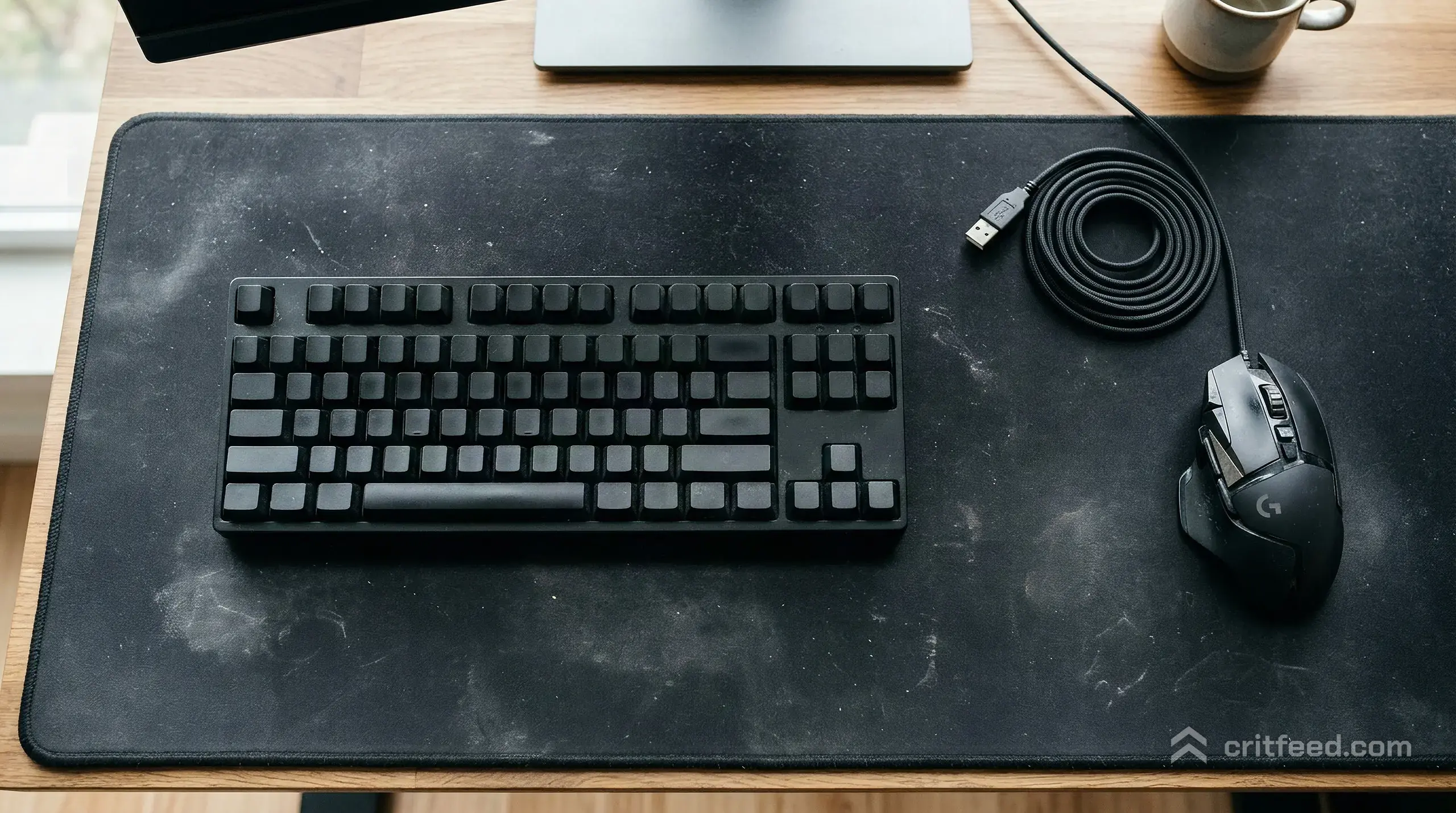 Overhead view of a worn black desk mat, keyboard pushed slightly left, mouse near the edge, cable coiled neatly