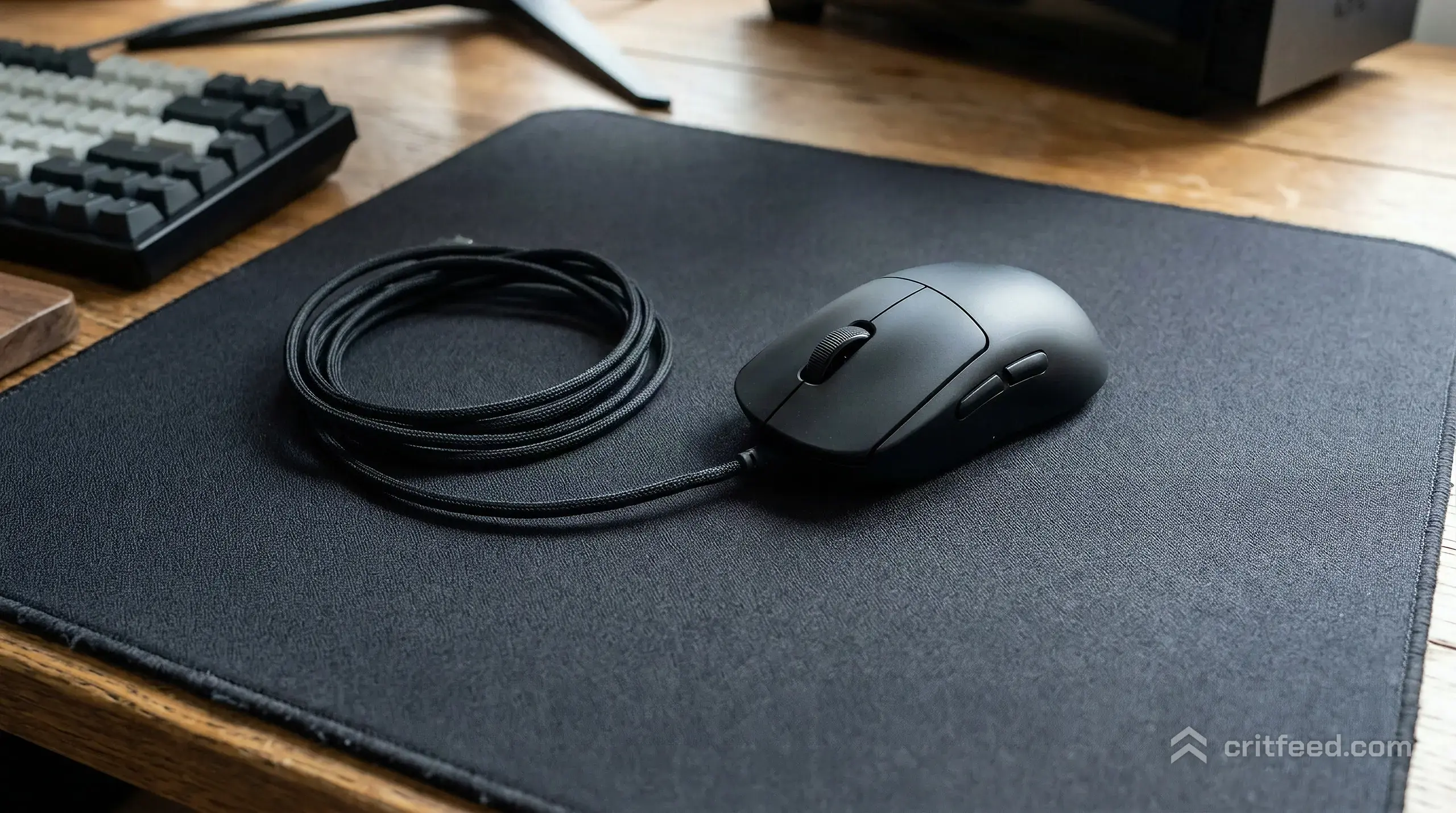 a close overhead view of a lightweight gaming mouse resting on a cloth mousepad, the braided cable coiled loosely to the side