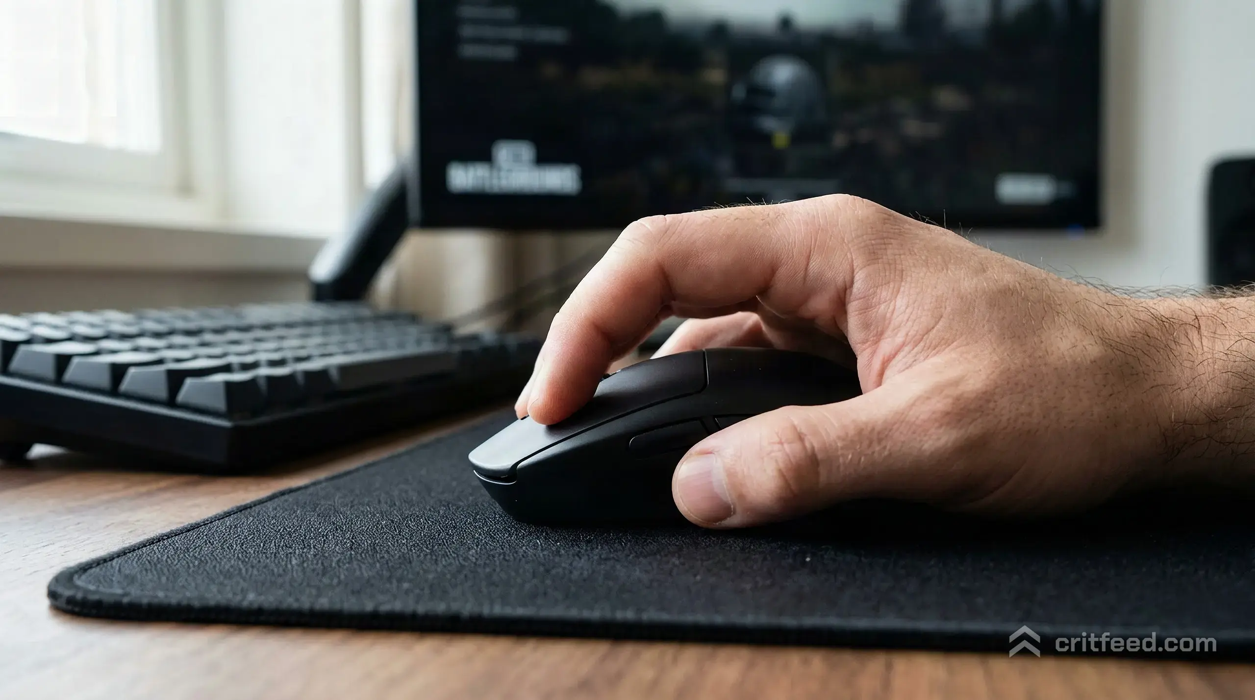 a side profile of a hand in claw grip on a dark mouse, fingers arched over the main buttons, the thumb resting on a side
