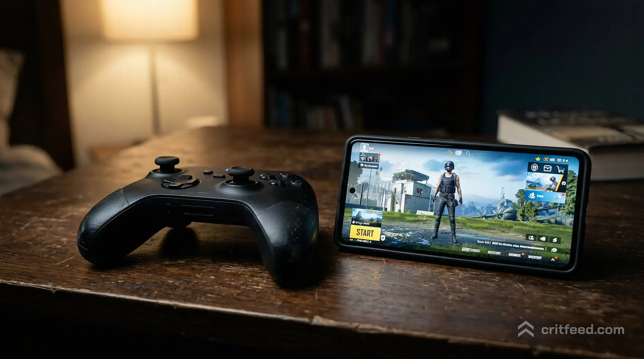A black wireless gamepad resting on a dark desk next to a phone displaying the PUBG Mobile lobby, the pad's rubber grips