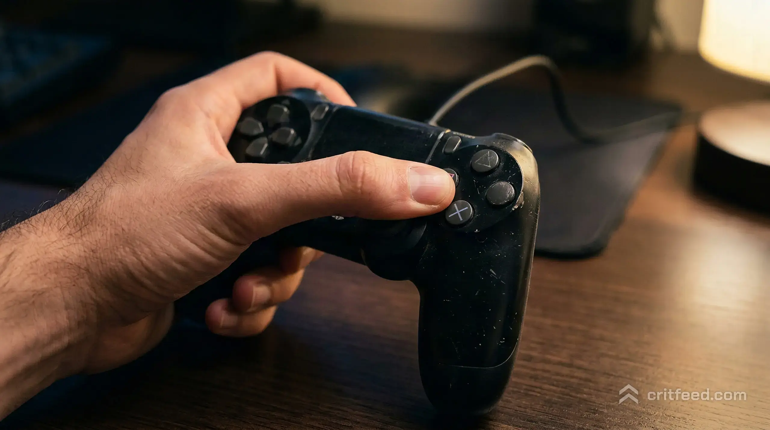 a close shot of a hand pressing the X button on a black DualShock 4 controller, the plastic lightly scuffed, warm lamp light