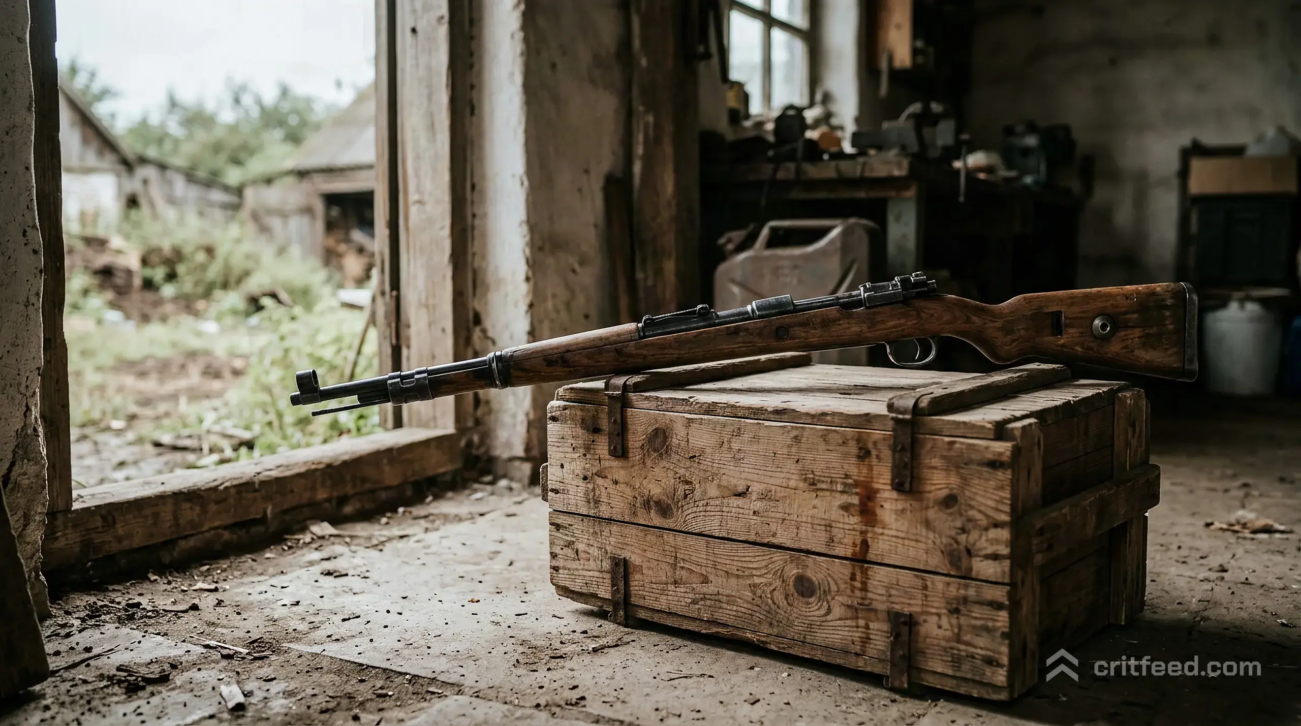 a bolt-action rifle laid across a wooden crate in a weathered rural compound, soft overcast light from a nearby window, no