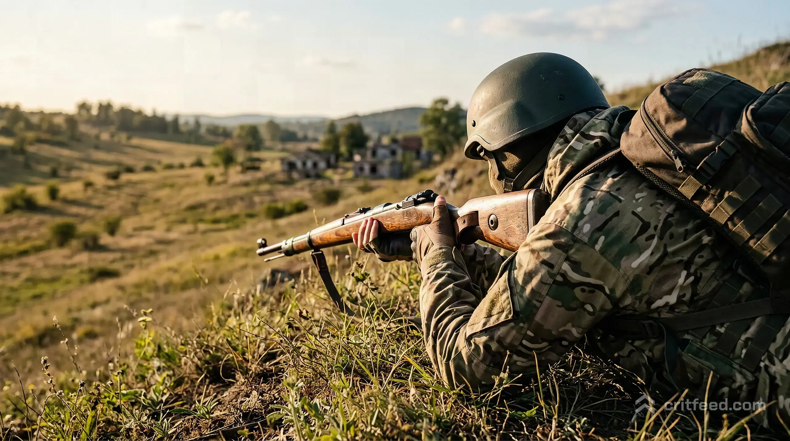 a player's back and shoulder in a prone position on a grassy hillside, the stock of a bolt-action rifle pressed against the